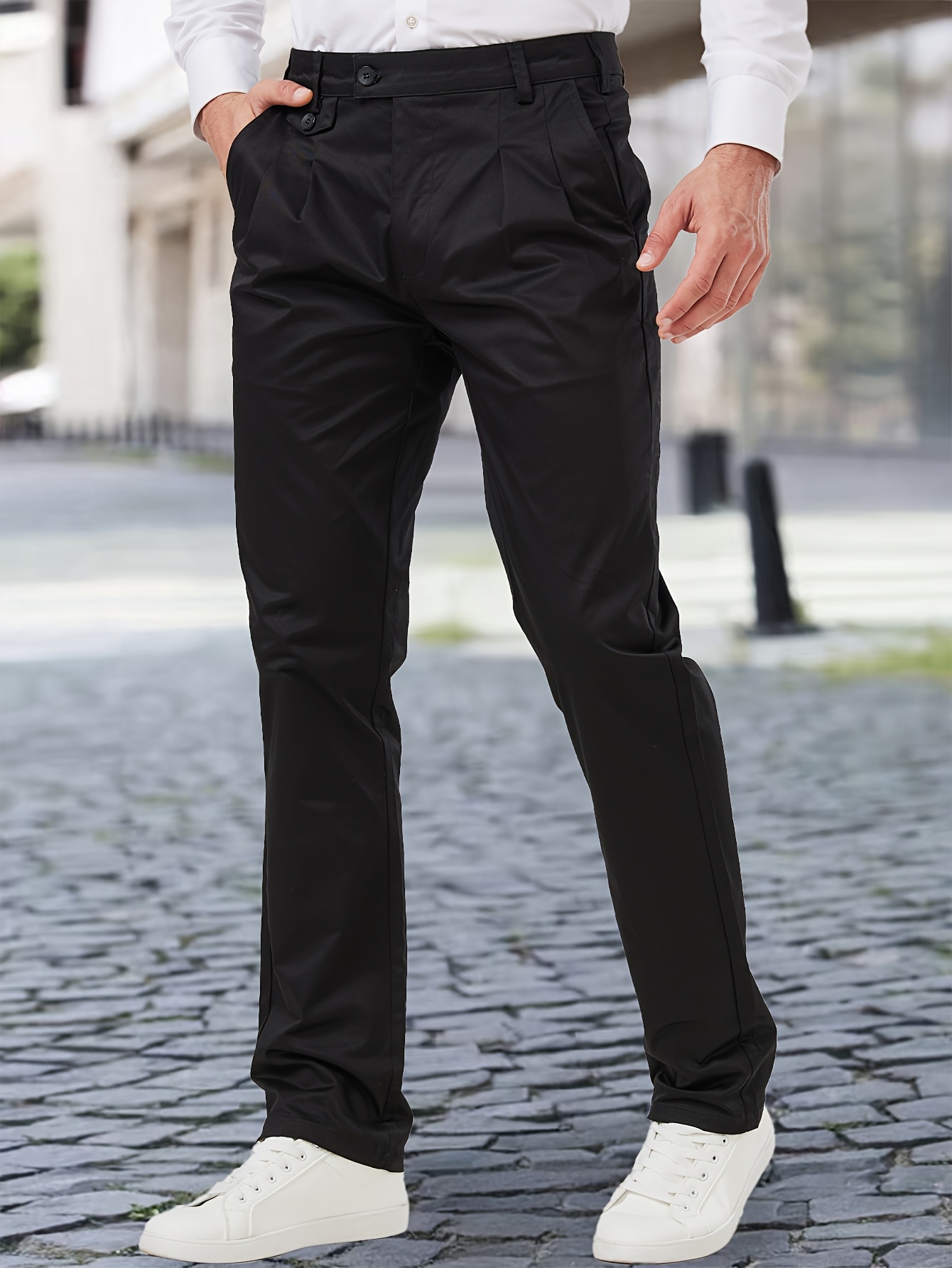 mens solid color fit dress pants pocket decoration fold - Temu Germany