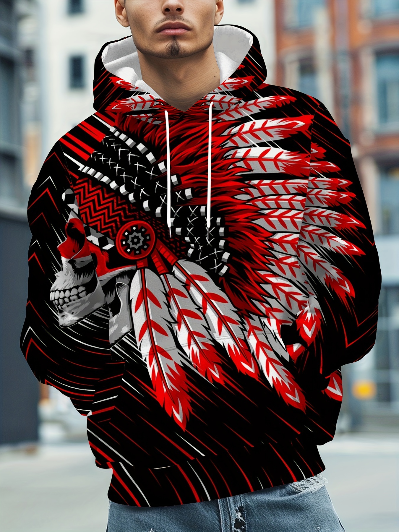 *'s Native Ethnic Decor Skull Graphic Hooded Sweatshirt, Casual Trendy Long  Sleeve Pullover As Gift