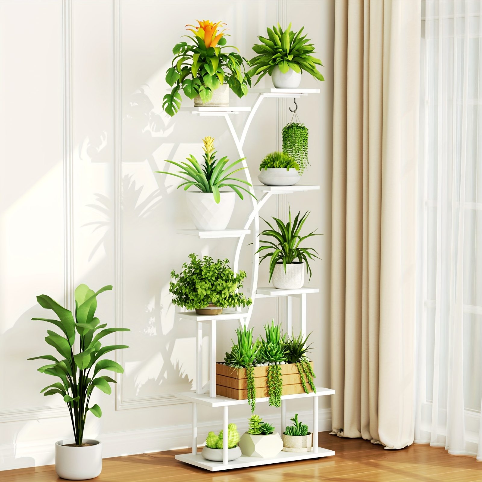 Image of 8-tier Metal And Wood Plant Stand, 163.7cm Tall Corner Shelf Rack For Multiple Flower Pots, Ideal For Living Room, Balcony, Patio, And Corners