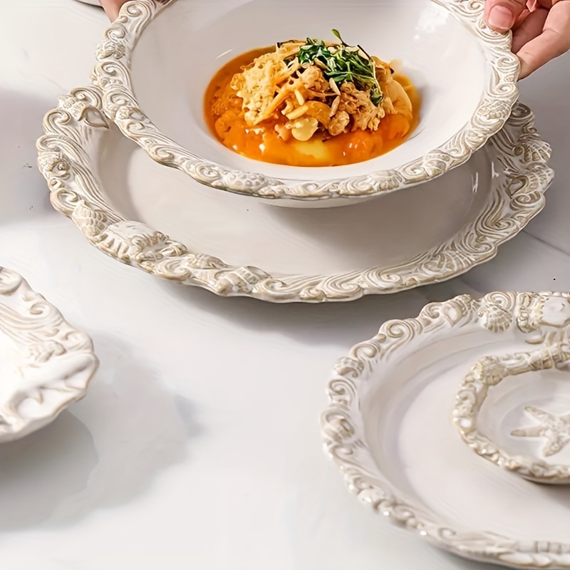 Set of 2 Vintage-Style Embossed Ceramic 10-Inch Round Plates for Steak And Pasta