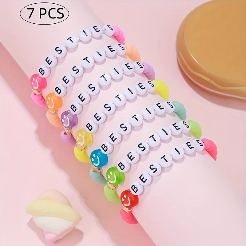 

7pcs Acrylic Alphabet Beads Bracelet Set, Stretch Fashion Jewelry, Assorted Letter & Happy , For Teens And Adults Over 15 Years Old