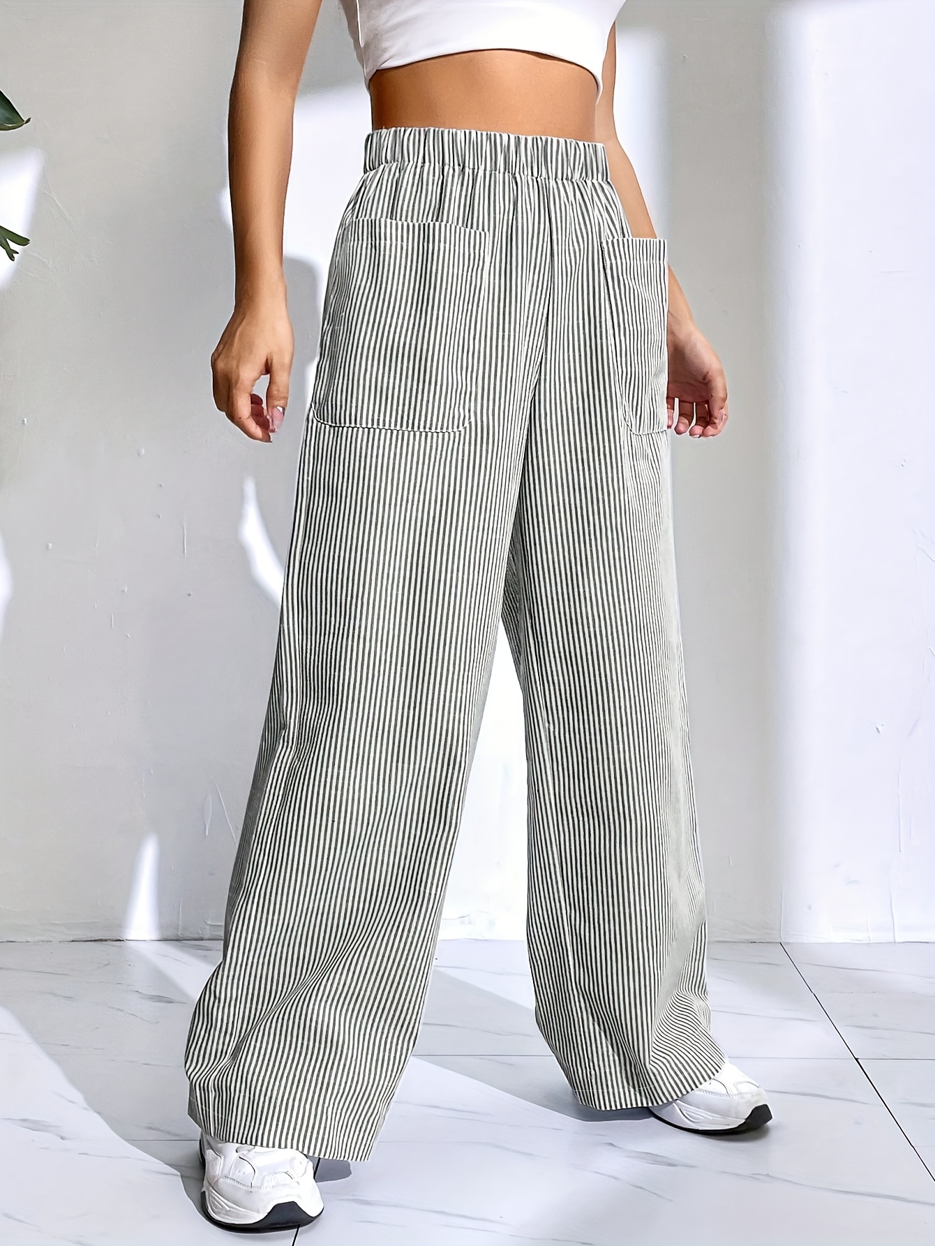 plus size women's casual straight leg pants vertical stripes