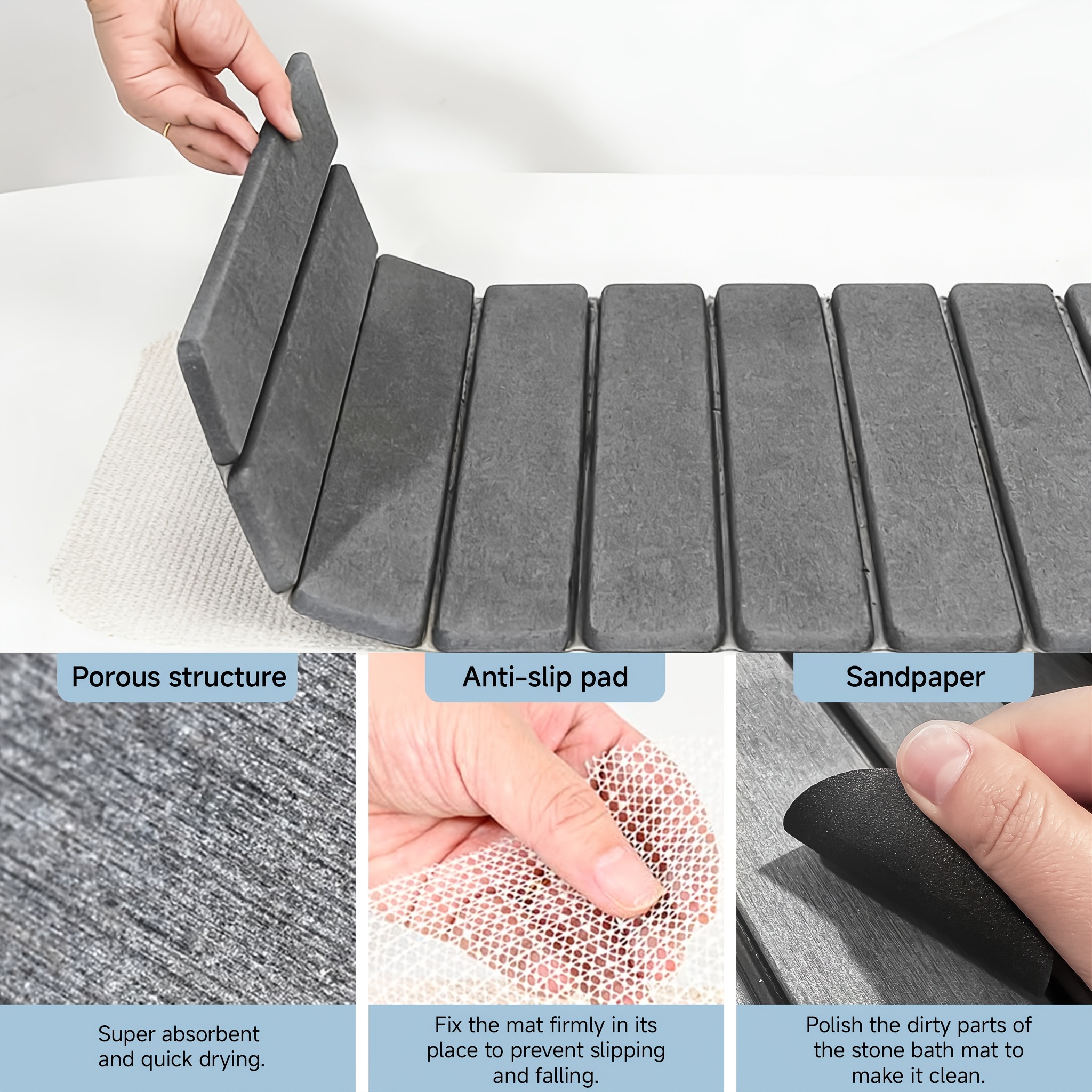 TEMU Large Foldable Stone Bath Mat Set, Super Absorbent Quick Drying Diatomaceous Earth Shower Mat, Gray Bathroom Mat, Easy To Clean And Store, Mat