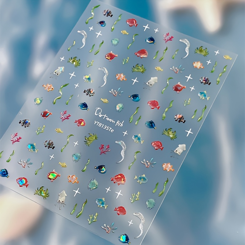 Image of 1 Sheet Of 3d Aquarium Nail Stickers, , Seaweed, And Coral Nail Decals, Rainbow Embossed Nail Art For Diy