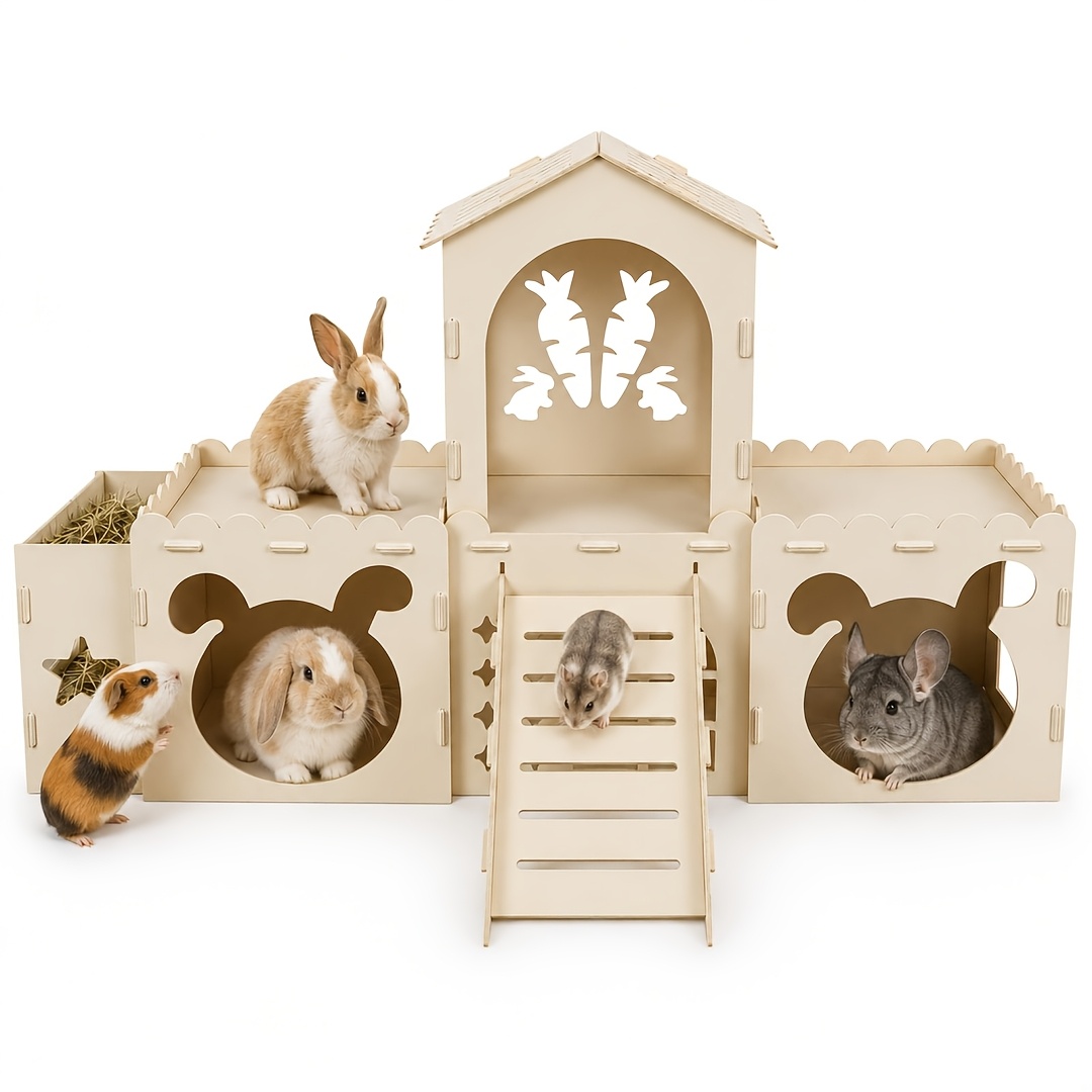 Image of Multi-level Ventilated Rabbit Hutch With Stairs & Climbing Tower - Sturdy Wood Suitable For Rabbits, Small Animal Habitat With Ramp Access, /outdoor Use, Pet For And Domestic