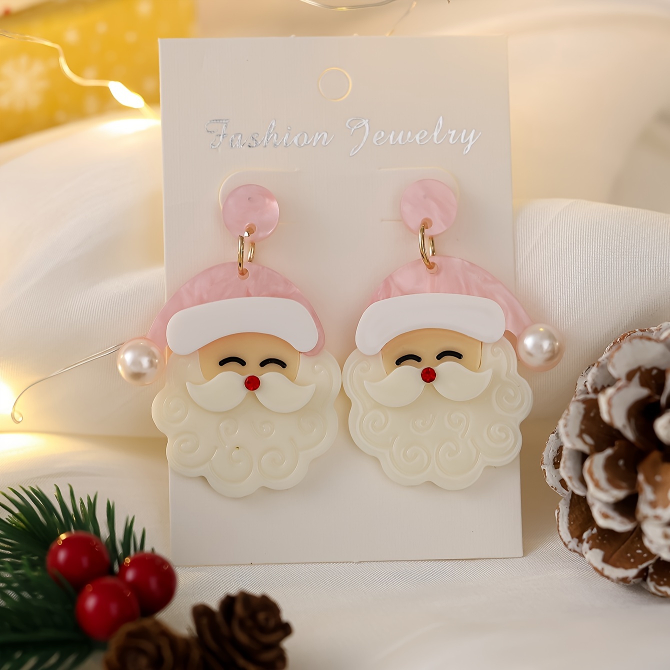 

Christmas Santa Claus Drop Earrings With Pearl Accent - Vacation & Acrylic Dangle With Copper Hooks For Women - Holiday-themed Jewelry, Non-mosaic, Wear