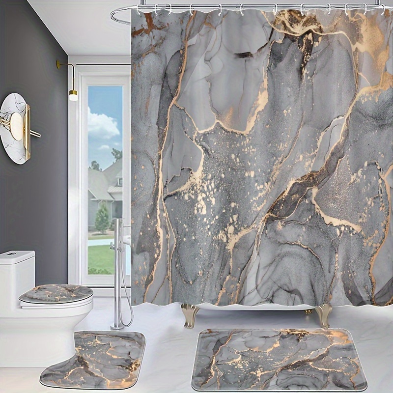 

1/4pcs Marble Pattern Shower Curtain Set, Crackle Golden Texture Bath Curtain With 12 Hooks, Anti Slip Bathmat U Shaped Toilet Mat And Toilet Cover Set, Bathroom Accessories, Bathroom Decor