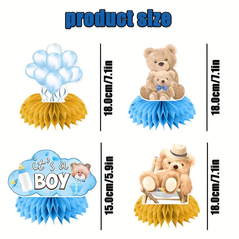 6-Piece Teddy Bear Honeycomb Centerpiece Set – Blue & Brown Baby Shower & Birthday Party Decor