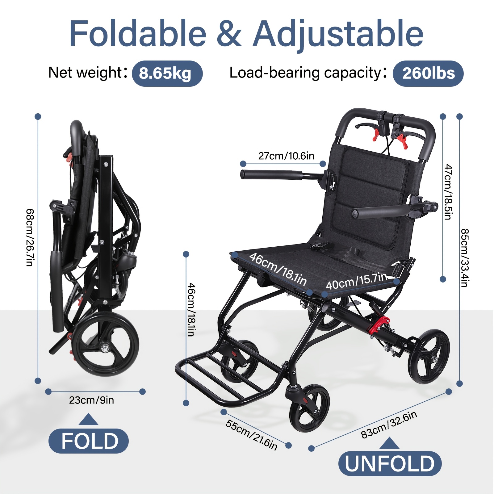 Wheelchairs for Adults Lightweight Foldable Ultra Lightweight Transport Wheelchair, Portable Folding Transfer Chair for Seniors, Adolescents And Children, Narrow Wheelchair for Tight Spaces OR Travel