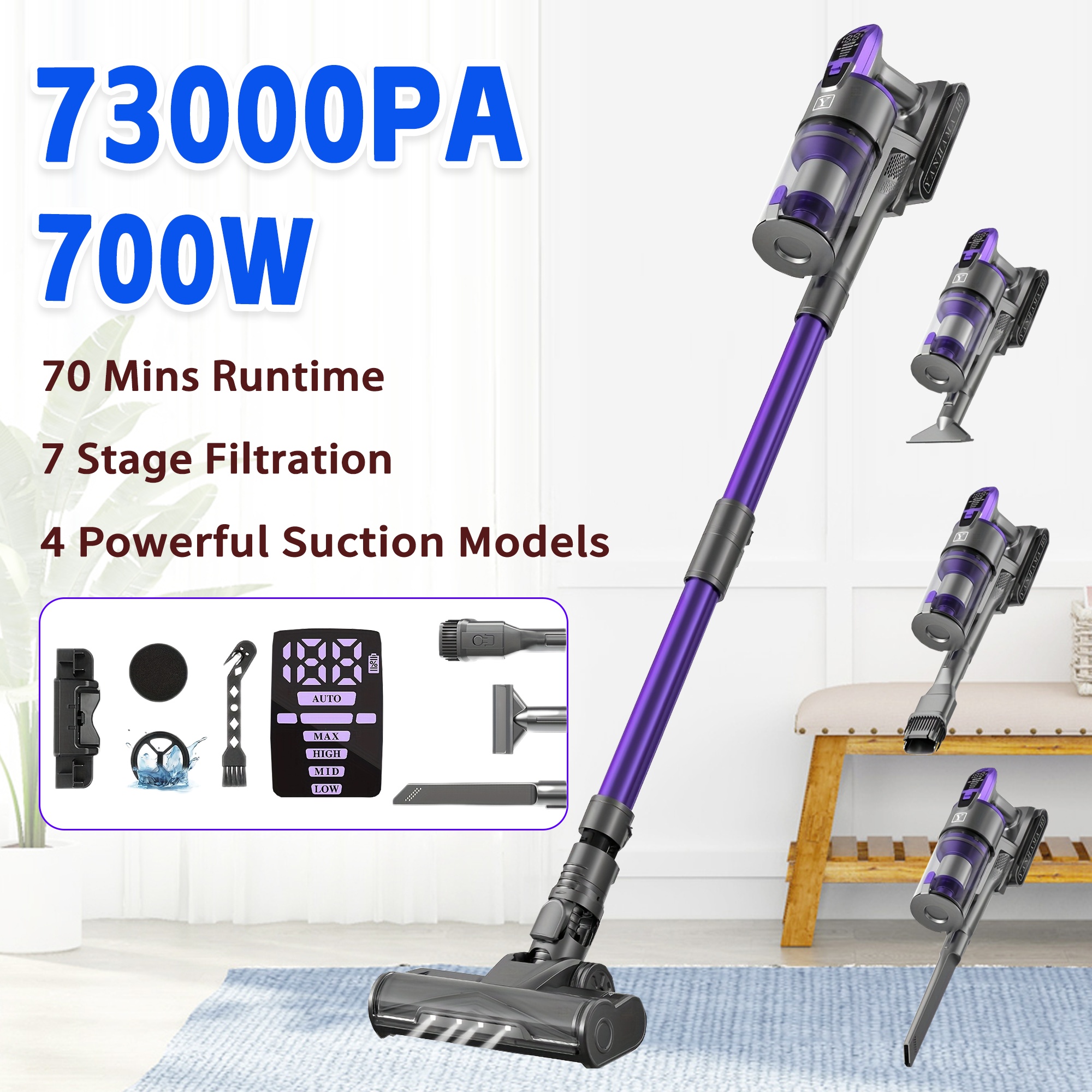 Yanhama 650W Draadloze Steelstofzuiger met 73KPA Krachtige Zuigkracht, 60 Minuten Gebruiksduur