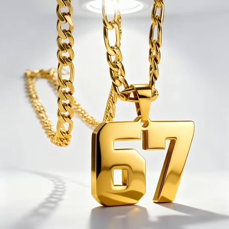 TEMU Thick 304 304 Stainless Steel Chain Necklace For Men Featuring A Jersey Number Pendant 67 - A Sturdy Accessory For Football, Basketball, And