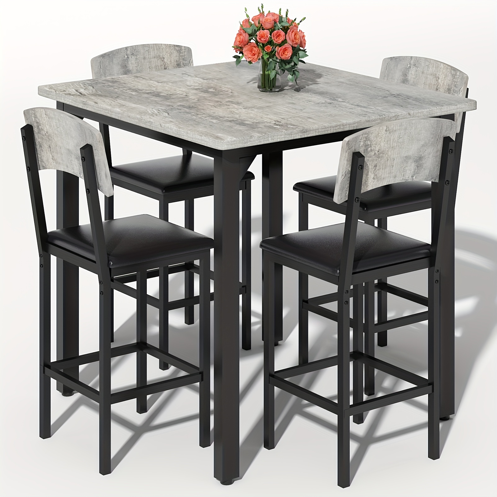 TEMU Lamerge 5pcs Dining Table And Chair Set, 1 Counter Height Table And 4 Bar Stools, Modern Kitchen Furniture Set With Upholstered Chairs, Compact