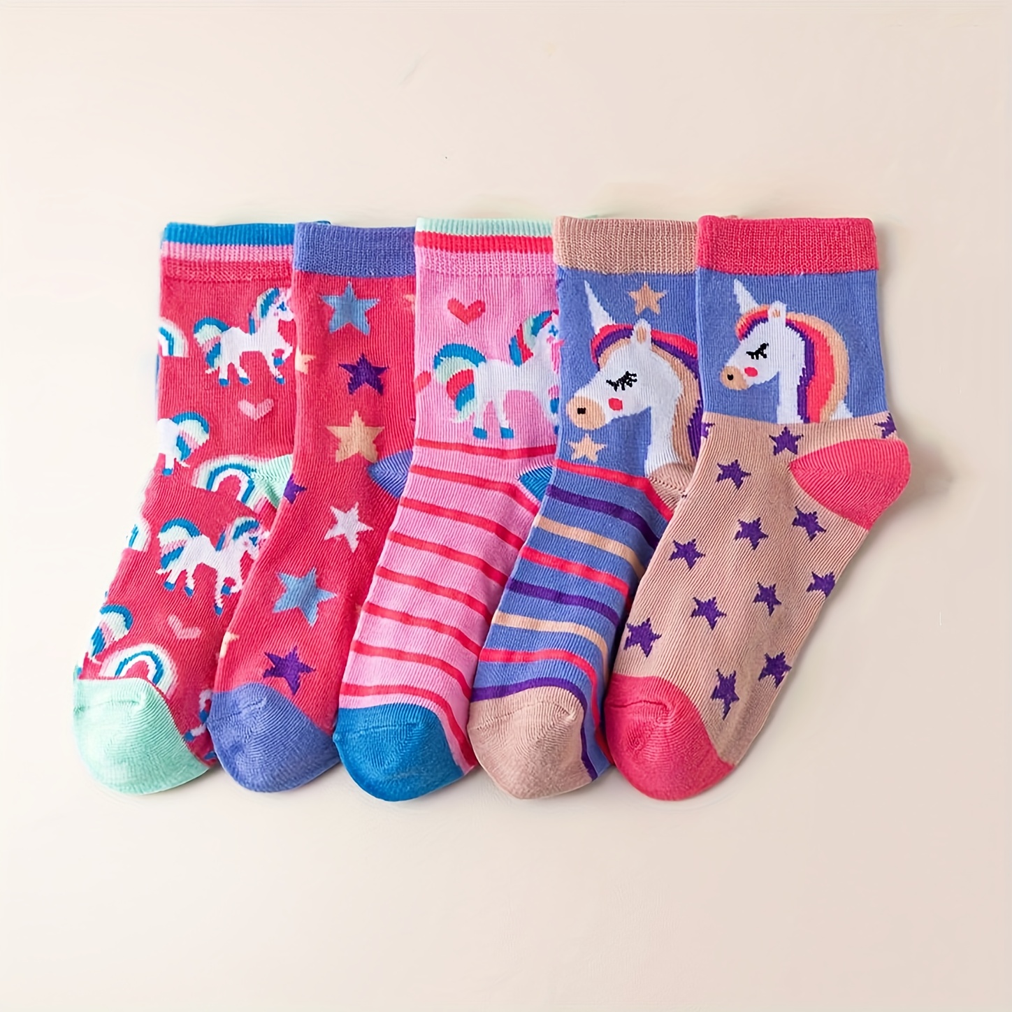 5-pair Unicorn, Rainbow And Leopard Print Girls' Socks