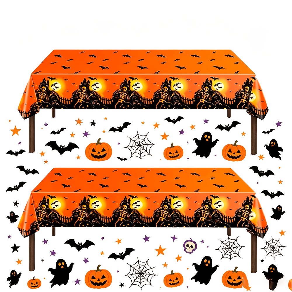 TEMU 2pcs Orange Pumpkin Tablecloths, Traditional For Halloween, Vibrant And Design, Bat And Pumpkin Patterns, Black And Orange Combination, 54 X 108