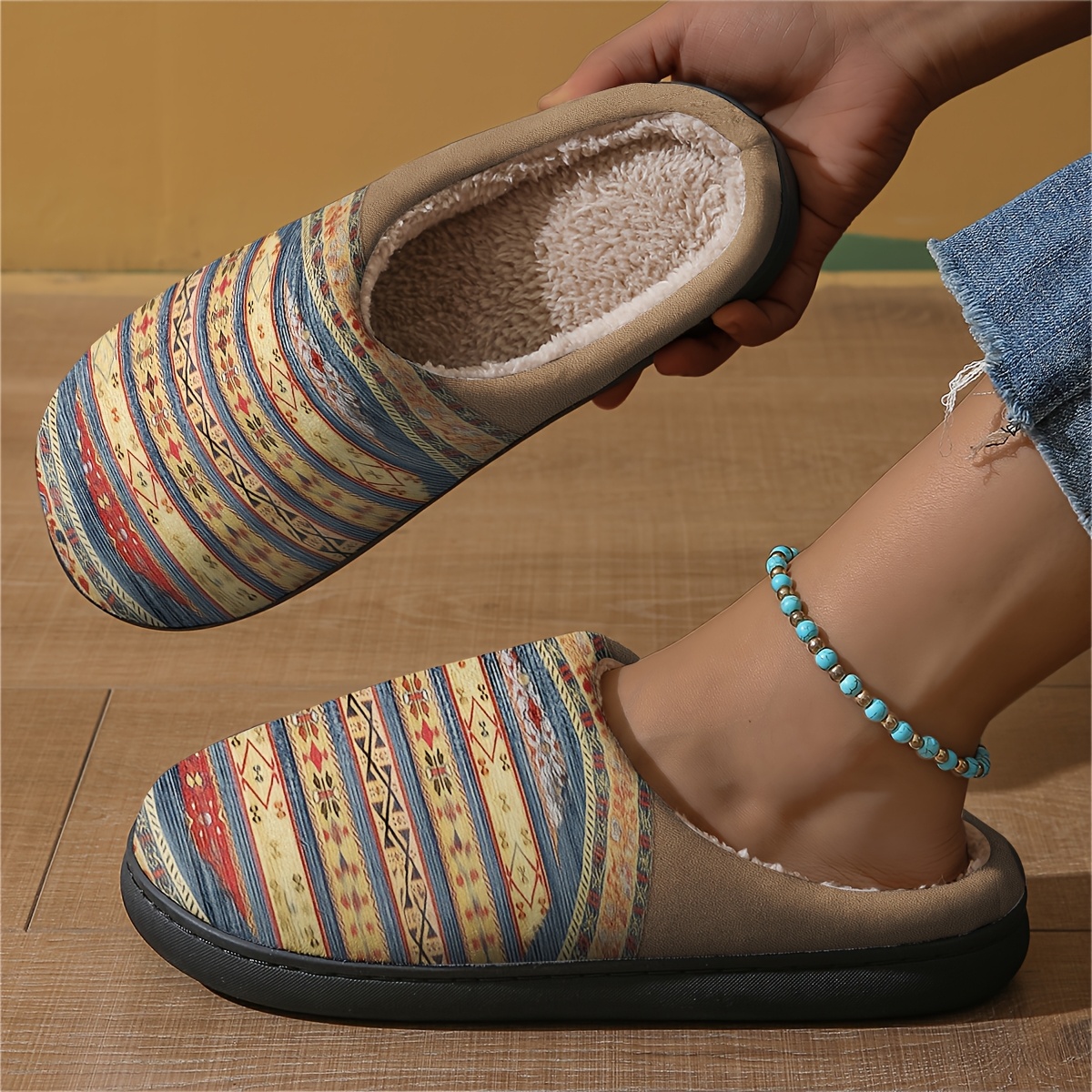 TEMU Indoor Slippers, Exquisite Pattern Print Slippers, Comfortable Winter Indoor/outdoor Home Shoes, Soft Velvet Warm Slippers, Suitable For Home,