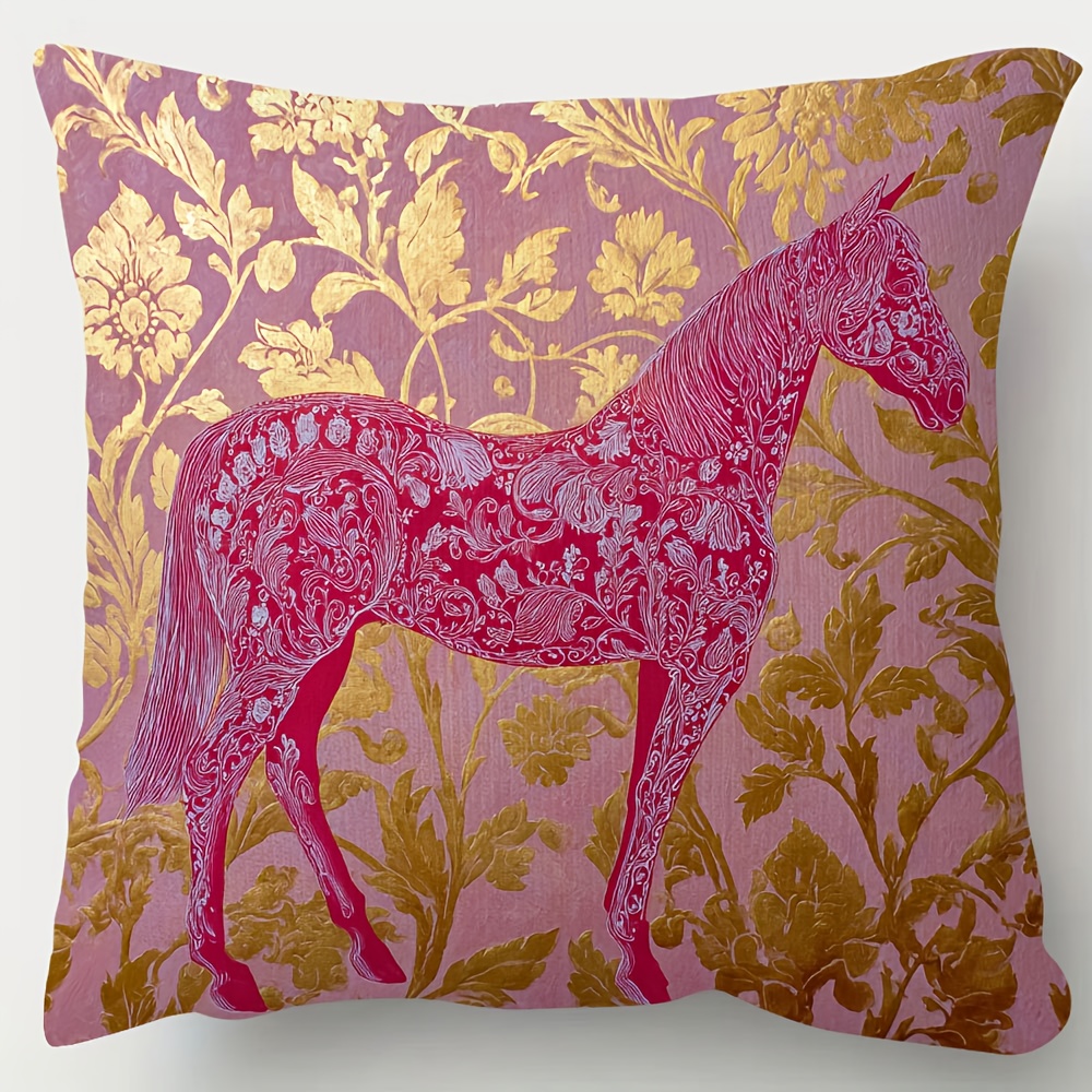 TEMU 1pc Luxurious And Golden Brocade Decor Short Plush Pillowcase - Soft Plush Cushion Cover With Zipper Closure, Traditional Floral And Horse