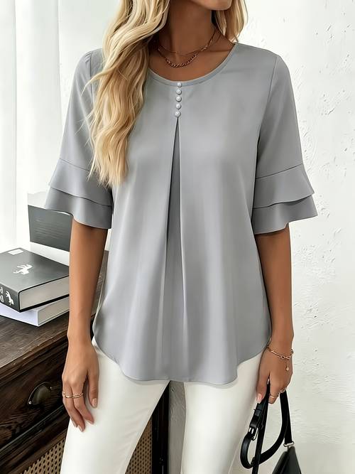 elegant fashion summer loose solid round neck button up shirt flared sleeve ruffle top