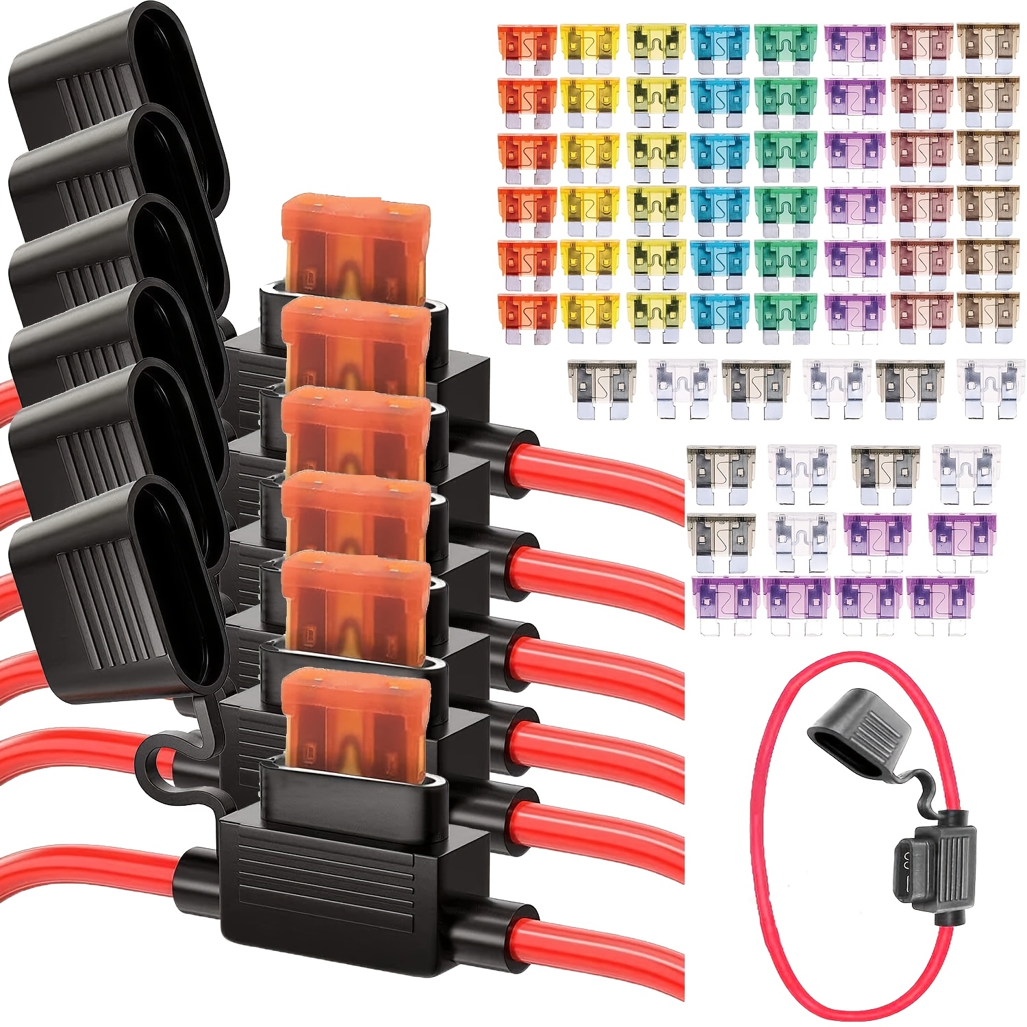 TEMU 6pcs 12v Inline Fuse Holder, 16 Awg Waterproof In Line Fuse Holder With 66pcs Standard Automotive Blade Fuses