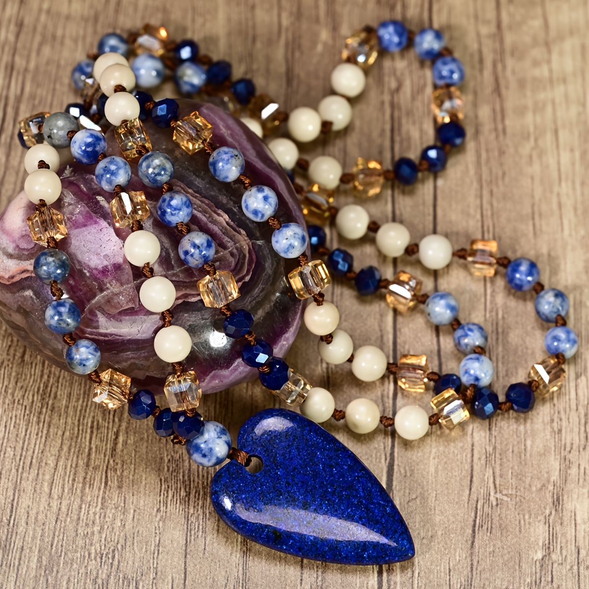 TEMU Handmade 108 Beads Heart-shaped Necklace Pendant Women Long Pendants Necklaces Jewelry