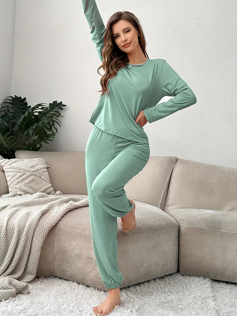 3 sets of womens pajama sets round neck long sleeved top solid color trousers solid color fabric casual loungewear outside pajamas attire relaxed fit soft texture lounge wear adults winter pajamas breathable material pajama set adults pajamas Product details 6