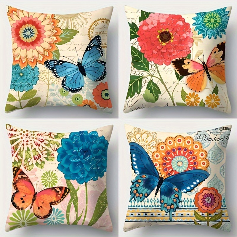 

4-piece Set Vintage Floral & Butterfly Throw Pillow Covers, 18x18 Inch - Rustic Farmhouse Decor For Living Room, Sofa, Bedroom - Machine Washable Linen With Zipper Closure