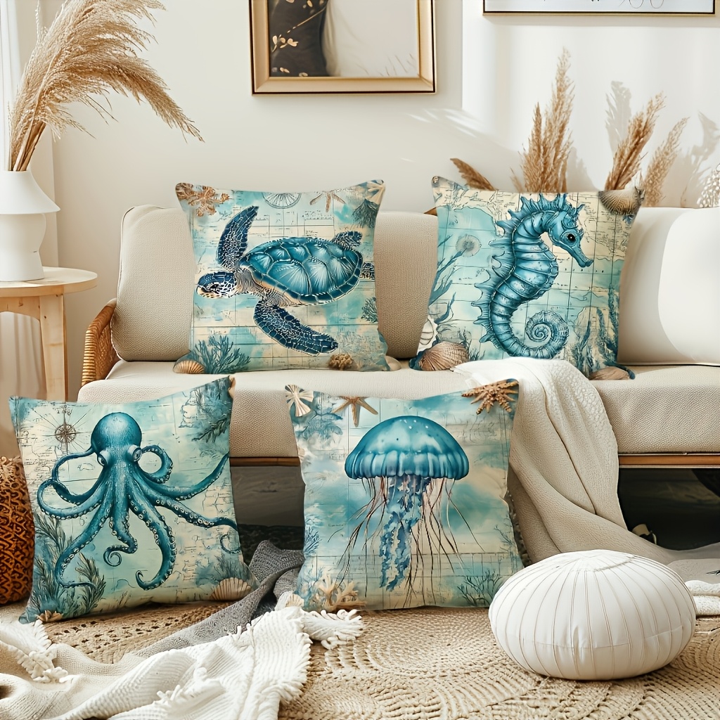 TEMU 4pcs Pillow Covers, Featuring Bohemian Retro , Including Turtles And , As Well As Jellyfish And Octopuses. Each Cover Suitable For Various