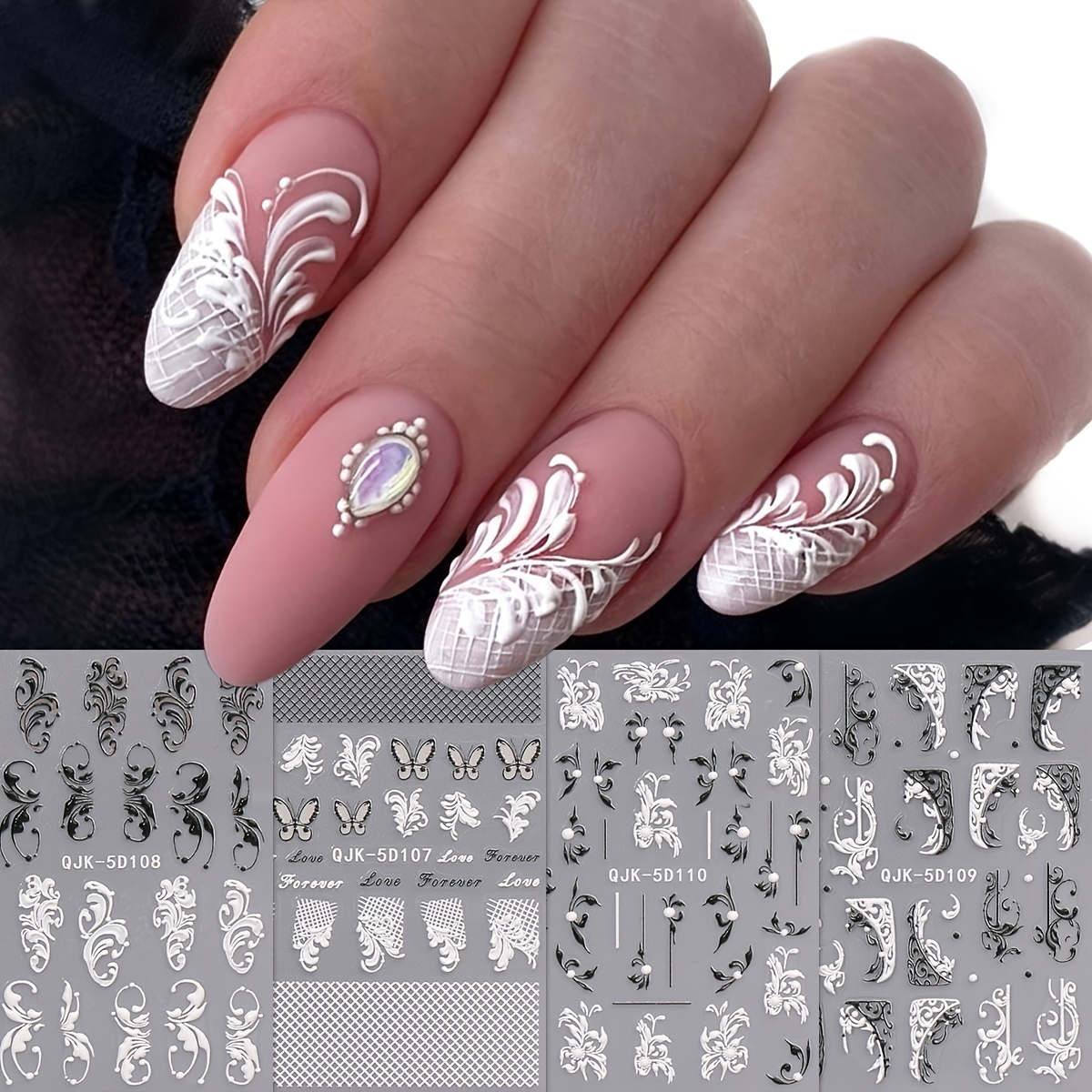 

4 Sheets Flower Embossed Nail Sticker Black And White Retro Lace Flower Nail Sticker Self-adhesive Nail Art Decals For Women And Girls