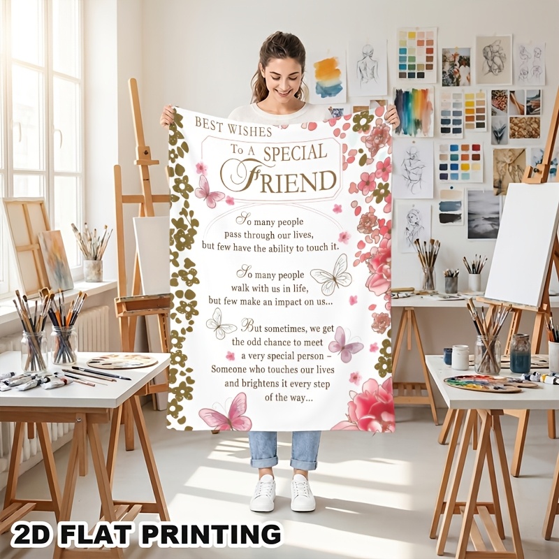 TEMU 2d Flat Best Friend Gift - Floral And Pattern Heart Blanket, Soft Fleece Sofa Bed Cover - Women's Birthday/anniversary Present, Home Office