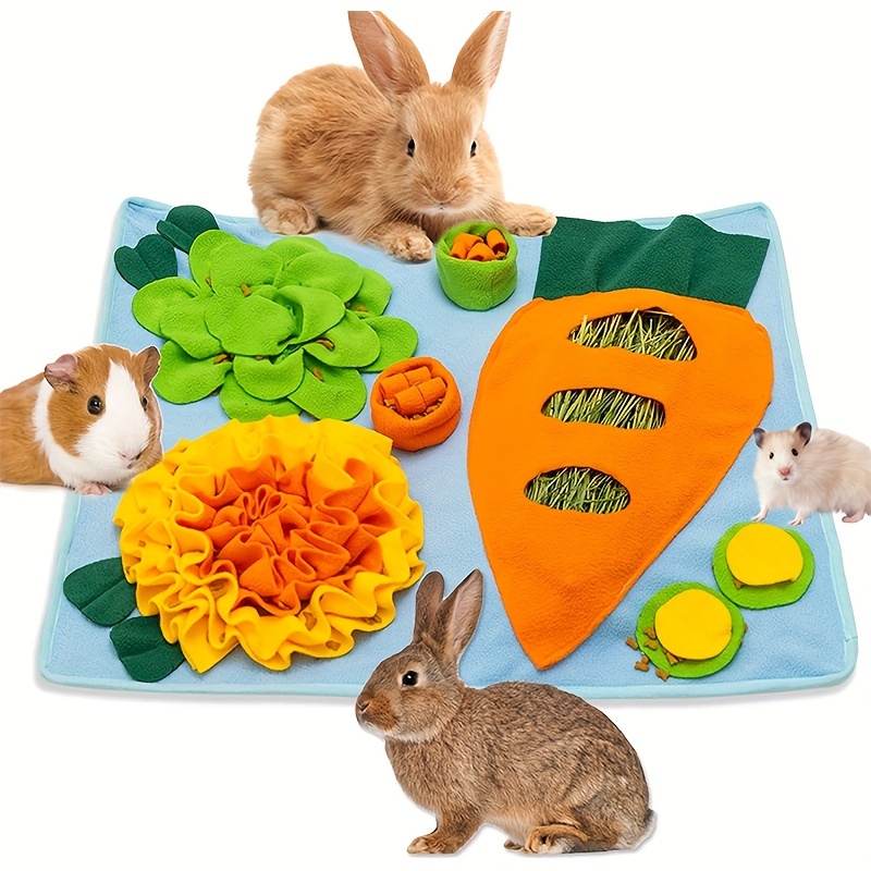 Interactive Pet Snuffle Mat For Rabbits, Dutch Guinea Pigs, Hamsters - Polyester Fiber Foraging Pad With Carrot, Flower, And Vegetable Designs - Educational And Hide & Seek Toy Blanket