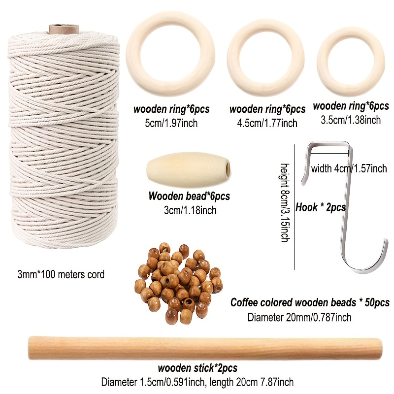 TEMU 79pcs Macrame Kits For Beginners 3mm X 109yards Natural Macrame Cord With Wooden Beads & Rings, Wooden Sticks, Metal Rings Macrame Supplies Best