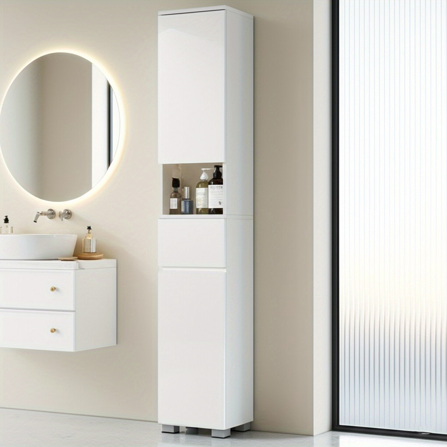 Furnify 71" High Gloss Slim Bathroom Cabinet - Tall Storage Unit with Adjustable Shelves