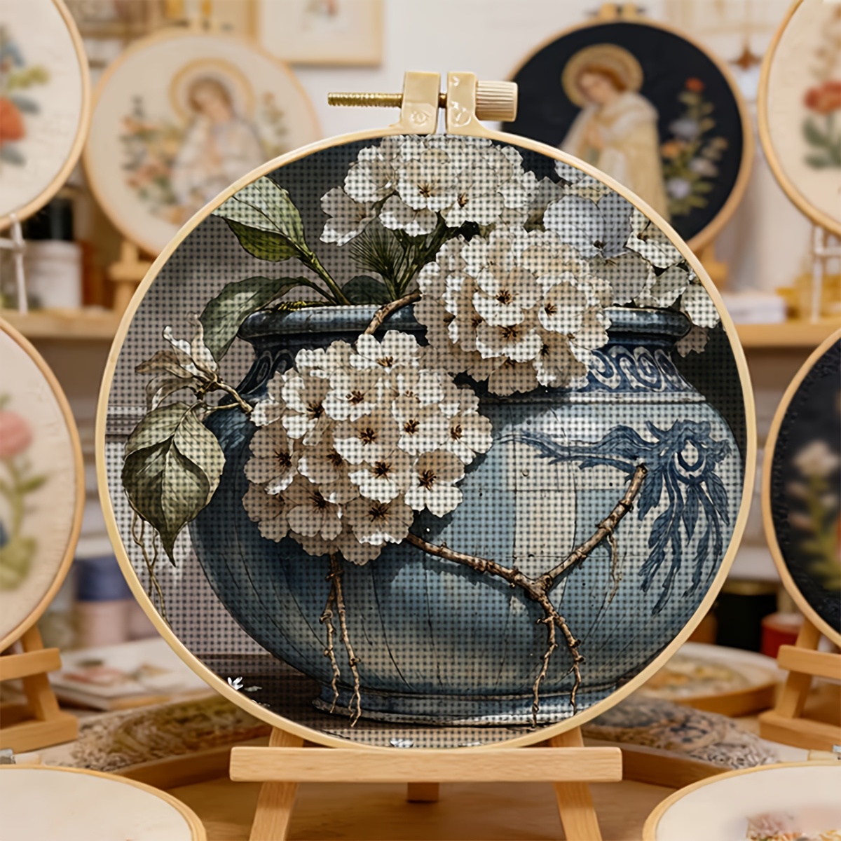 Round Cross Stitch Printed Kit with Hoop, "Blue And White Potted White Hydrangea" Pattern