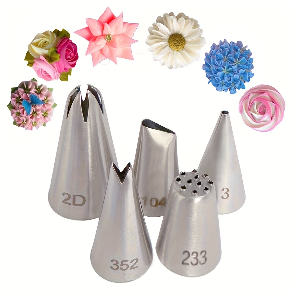 TEMU 5pcs Set Of Flower Style Cupcake Decorating Nozzles No. 2d 3 104 233 352 Baking Tool Kit. Stainless Steel Cream And Icing Decorating Nozzles