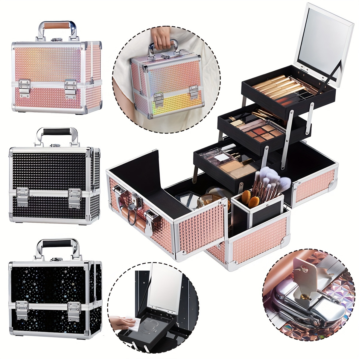 

Diamond Pattern Three-layer Foldable Multifunctional Makeup Box With Mirror, Large Travel Cosmetics Case