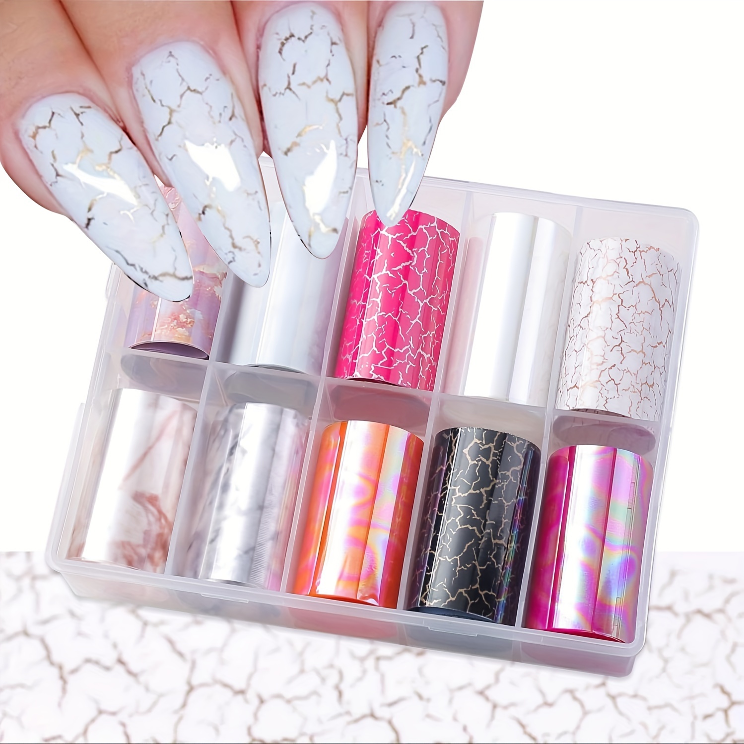 

neon Fantasy" Holographic Nail Foil Transfer Stickers - 10 Rolls, Iridescent Marble & Neon Designs For Diy Manicure