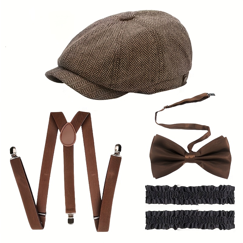E-shop 1920er Kostümzubehör-Set | Roaring 20s Gatsby -Outfit | Herren- & Damen-Zylinderhut, Breite Krawatte, Hosenträger, Armband Accessoires |