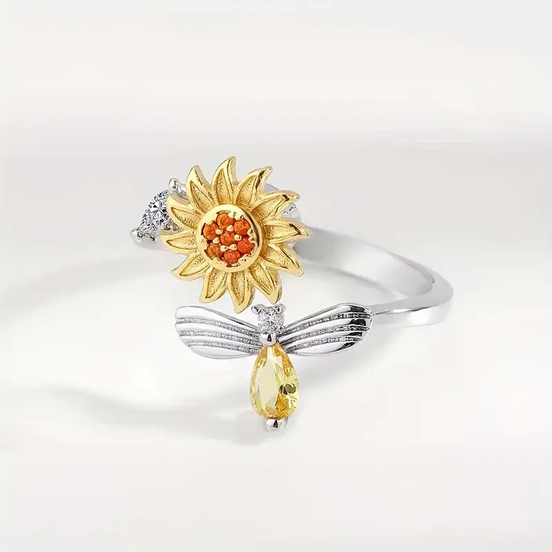 1pc pressure relieving copper micro inlaid rotating sunflower bee index finger ring festival gift for teenager Product details 5