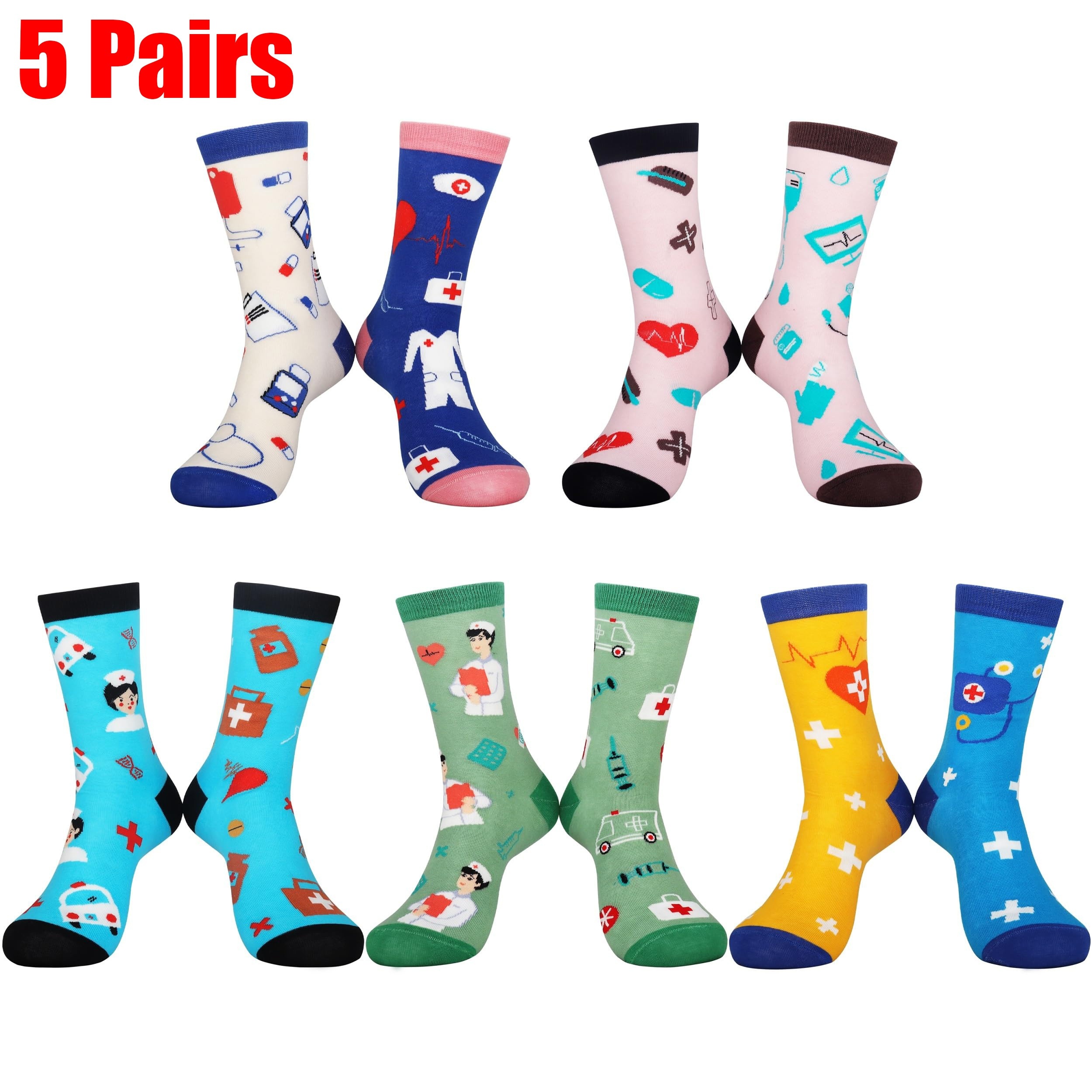 

5 Pairs Nurse-themed Socks For Women, Fun & Quirky Gift For Nurses, Comfortable And Breathable Crew Length With Medical Motifs