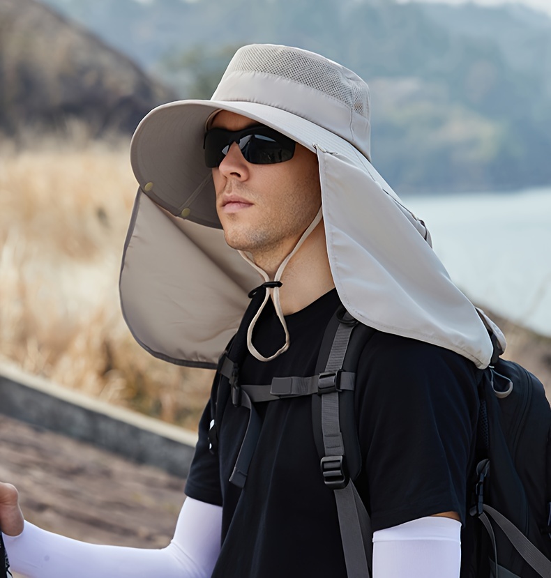 Beige Color Sporty UV Protection Hat, Men's Neck Brace and Large Brim in Summer Fishing Hat for Outdoor,Casual,Temu