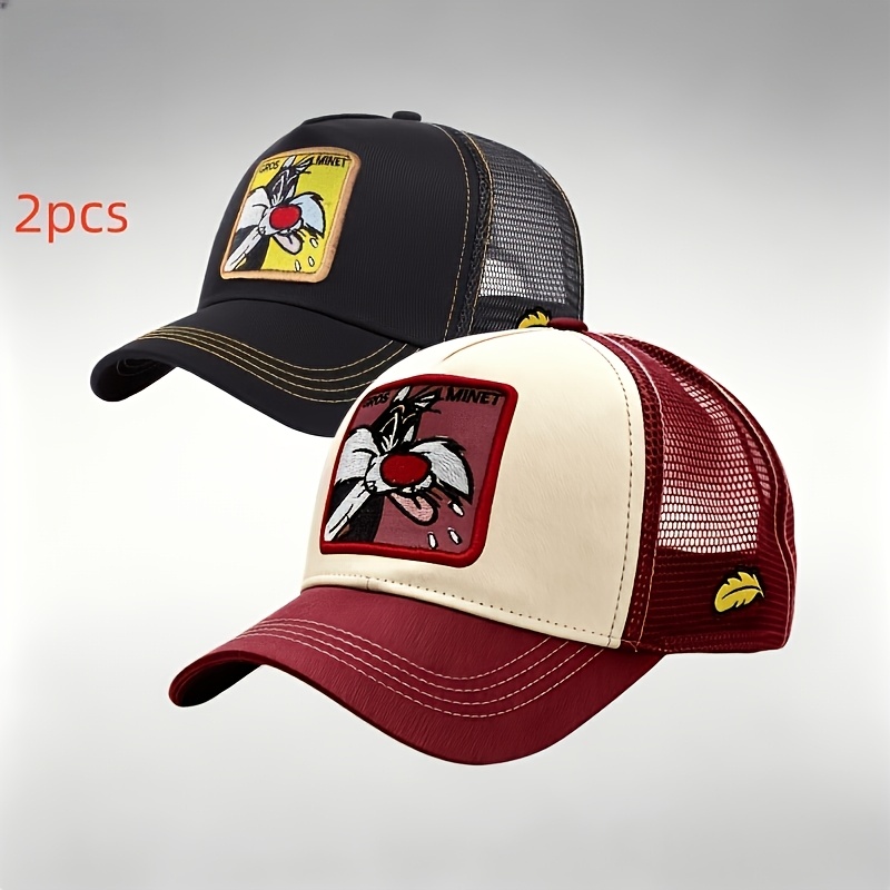 TEMU 2pcs Retro Silly Cat Cartoon Embroidered Novelty Additions Sun Hat/trucker Cap, Warner . Authorized Mesh Back Adjustable Baseball Cap, Unisex