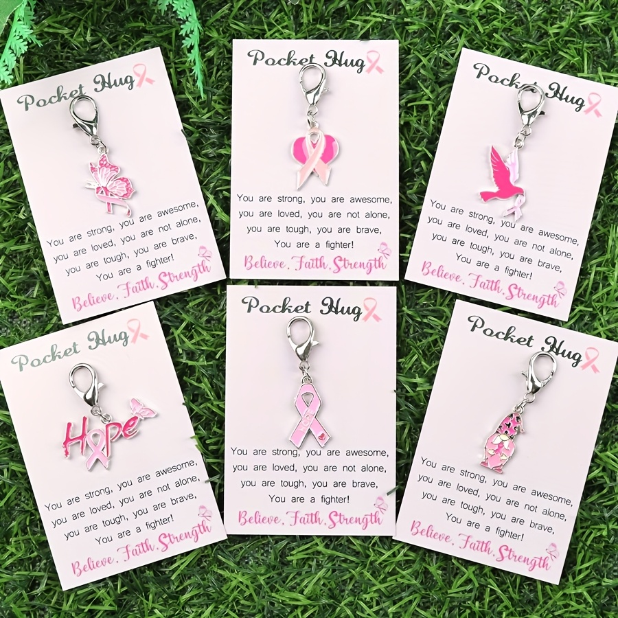 TEMU 6pcs Breast Keychain, Breast Awareness Lapel Keyrings Pink Ribbon Set Gift For Breast Survivor Month Charity Event, 6 Styles