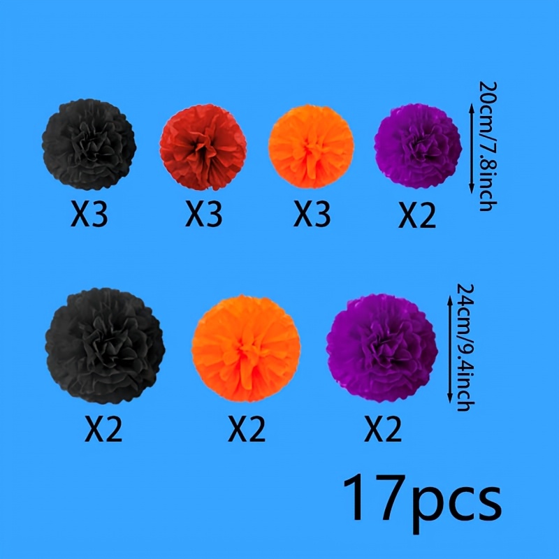 TEMU 17 piezas de decoraciones de pompon de papel para Halloween, flores de papel colgantes negras, naranjas, moradas y , decoración de para fiestas