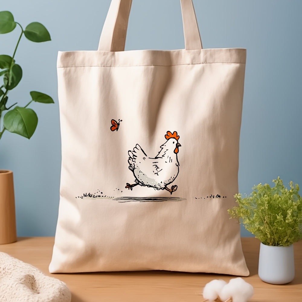 TEMU 1pc Chicken Illustration Canvas Tote Bag | 13.8"x15.8" Stylish Shopping Bag For Daily Use, Commuting, Beach Travel, Ideal Gift For , Casual Tote