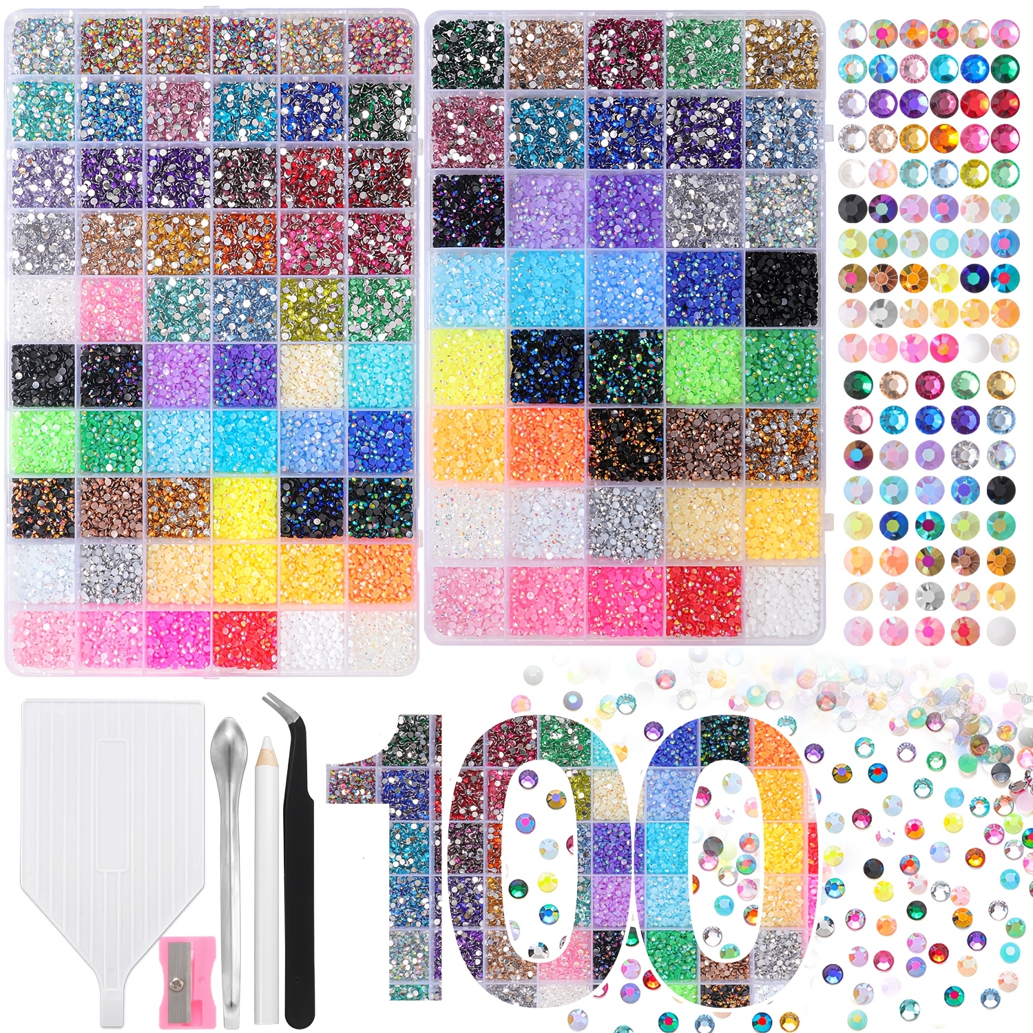 TEMU 2 100-Vaks Strass Kleurrijke Set, Inclusief Gereedschap, M Kleurige Resin Strass Steentjes voor Decoratie, Platte Achterkant Resin Edelstenen