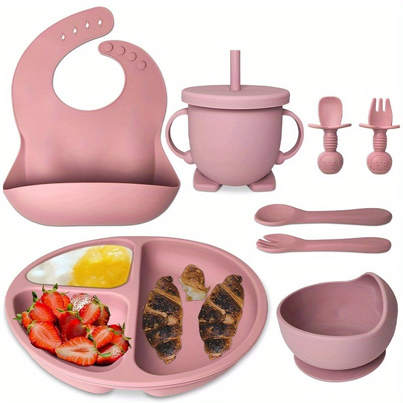 imagen del artículo Juego de Alimentación para Bebés de 8 Piezas, Suministros para Autoalimentación, Cucharas, Tenedor,   con  ,    , Vaso con  , Babero Ajustable   para Niños que Aprenden a Autoalimentarse