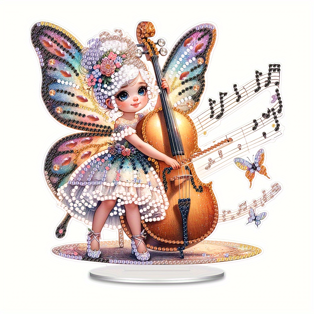 

1pc Acrylic Adults' Paint-by-number Kit, Diy Butterfly Fairy & Violin Figurine, Diamond Painting Desk Ornament, Craft Gift Set With Cartoon Dragonfly & Doll Accessories