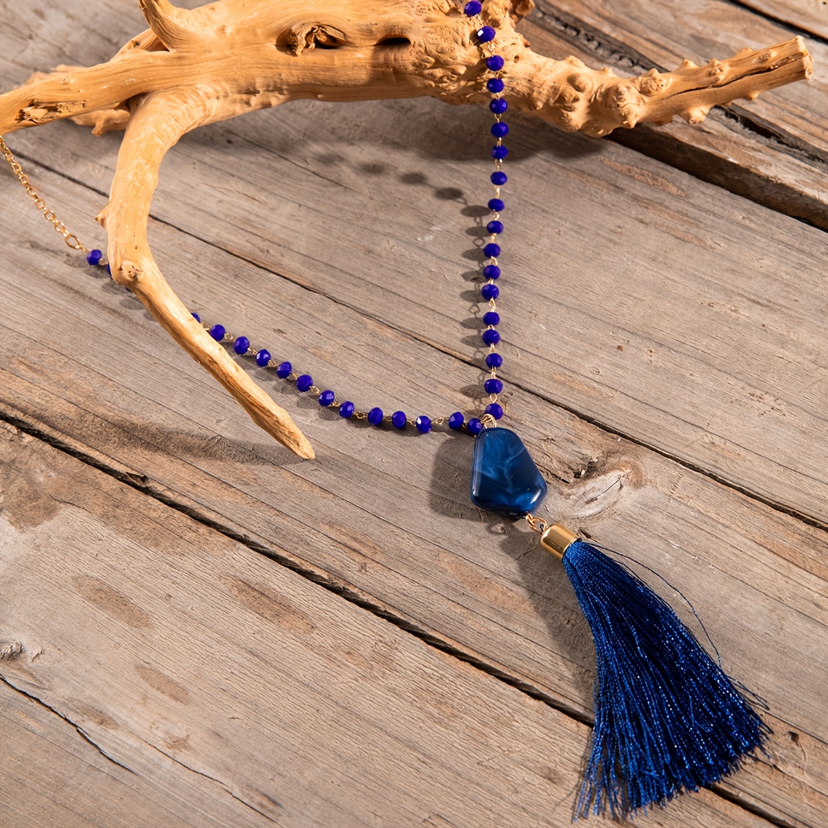 Crystal Stone Pendant Necklace with Tassel Cord