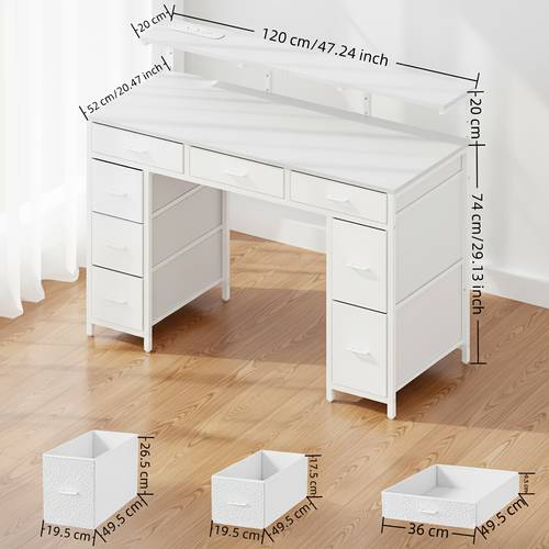 47 inch computer desk with 8 fabric drawers gaming desk with led lights usb power outlets home office table with monitor stand study writing work table for bedroom