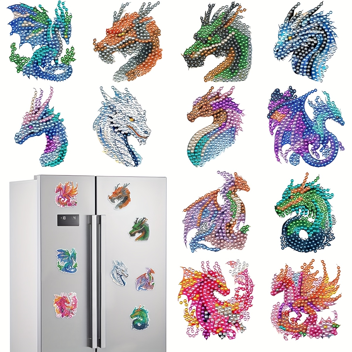 Image of Dragon Refrigerator Magnet Set - 12pcs Dragon Diamond Painting Magnet Kit Gemstone Art Kit Fridge Stickers Suitable For Adult Beginners Home Decor Birthday Christmas Gift