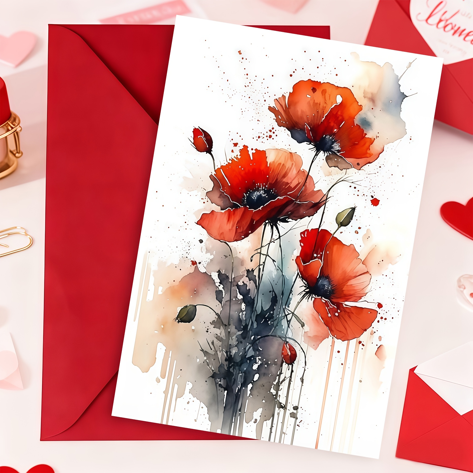 TEMU Watercolor Poppy Flower Birthday Greeting Card, Artistic Floral Print Card With Envelope, Universal Celebration Card